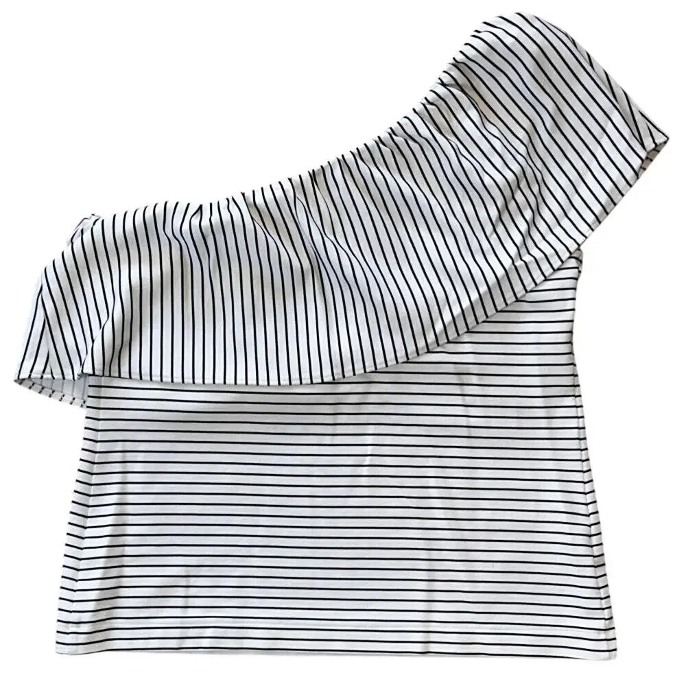 Ann Taylor Cream & Black Striped One Shoulder Ruffle Top Medium